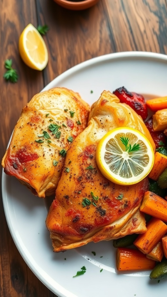 21 Salute Seasoning Chicken Recipe Seasoned chicken breasts garnished with herbs and lemon slices on a white plate with roasted vegetables.